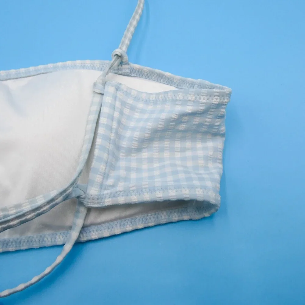 Victorias Secret Small White Blue Check Padded Halter Bikini Top Ribbed Swimwear